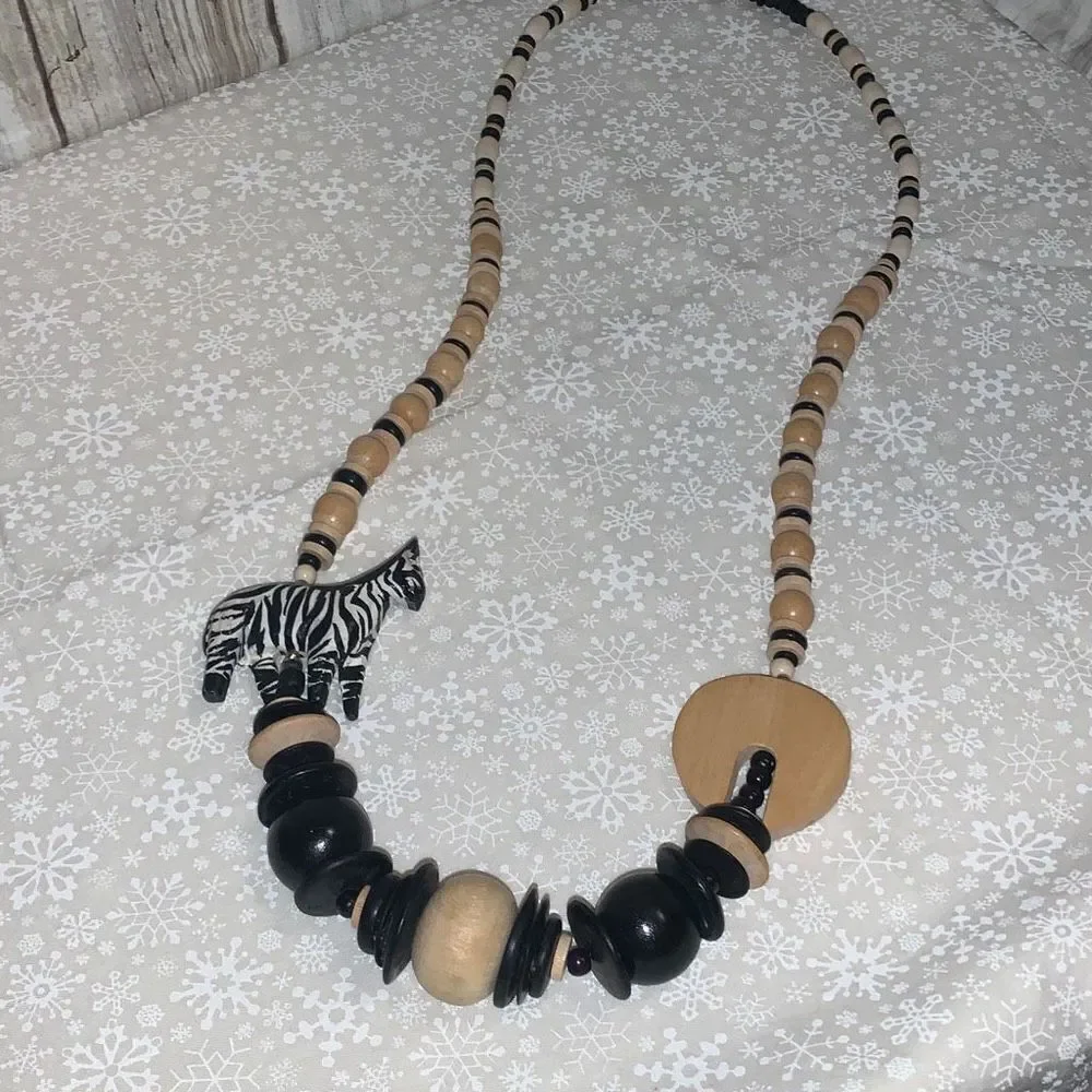 Vintage‎ Wood Hand Carved Zebra Bead Necklace 29”